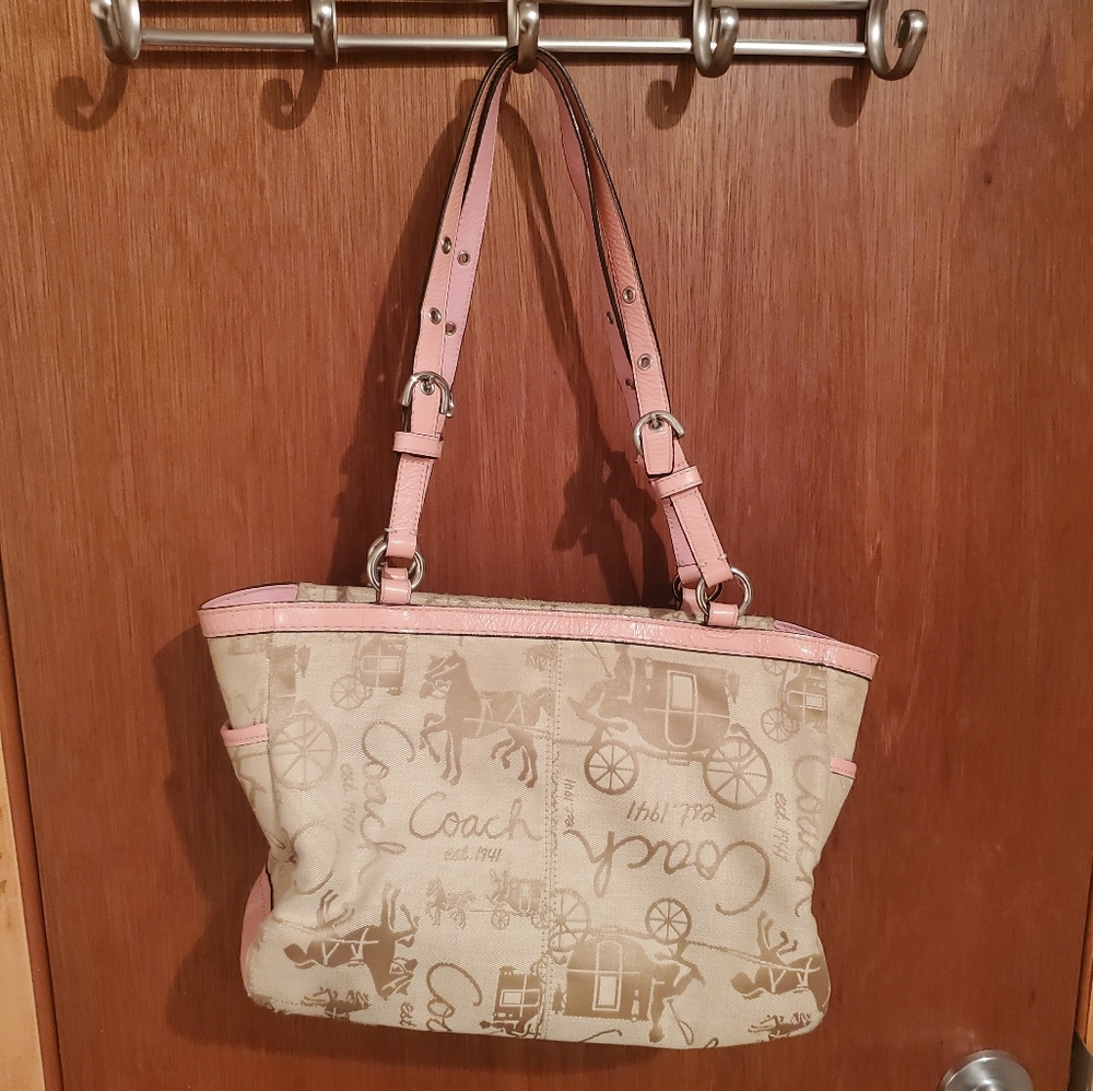 Coach Khaki Satin Horse Carriage Pink Trim Tote Bag